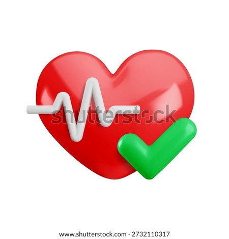 Vector cartoon 3d cardiology check icon. 3d render of red heart with white pulse line and green checkmark. Heartbeat rate sign. Medicine cardiogram, heart health check, cardio diagnostics symbol.