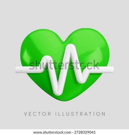 Vector cartoon 3d cardiology icon. 3d render green heart with white pulse line banner. Heartbeat rate sign. Medicine, hospital, first aid, cardiogram symbol for medical app, web, cardio monitor icon.