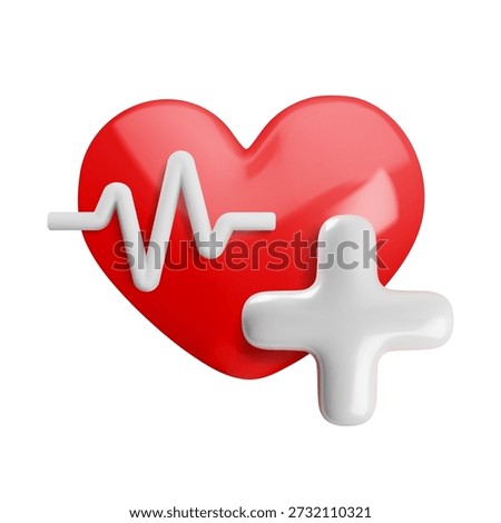 Vector cartoon 3d cardiology icon. 3d render of red heart with white pulse line and plus cross. Heartbeat rate sign. Medicine, hospital, first aid, cardiogram symbol for medical cardio app, web, icon.