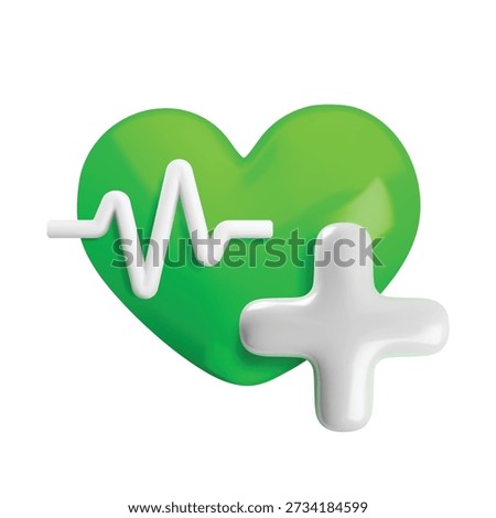 Vector cartoon 3d cardiology icon. 3d render of green heart with white pulse line and plus cross. Heartbeat rate sign. Medicine, hospital, first aid, cardiogram symbol for medical cardio app, web.