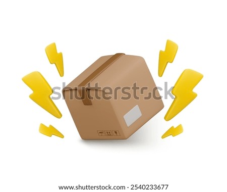 Vector cartoon 3d carton box with flash signs. Cute realistic 3d render cardboard package and lightning bolt. Flash sale, fast parcel delivery service concept, quick order logistic, mail shipping.