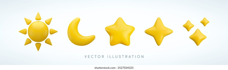 Vector cartoon 3d celestial icons set. Minimal 3d Render of sun, moon and stars, astronomical elements. 3d kids toys, nursery space decor collection.