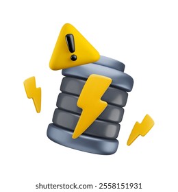 Vector cartoon 3d charging battery with warning sign, lightning. Realistic render of low energy accumulator, broken battery, damage notification concept. Attention indicator for game, electric car app