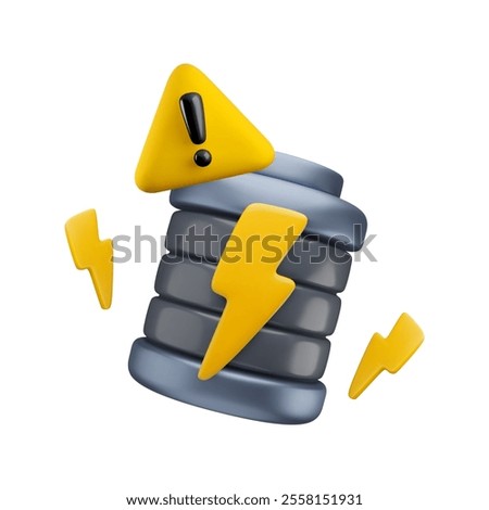 Vector cartoon 3d charging battery with warning sign, lightning. Realistic render of low energy accumulator, broken battery, damage notification concept. Attention indicator for game, electric car app