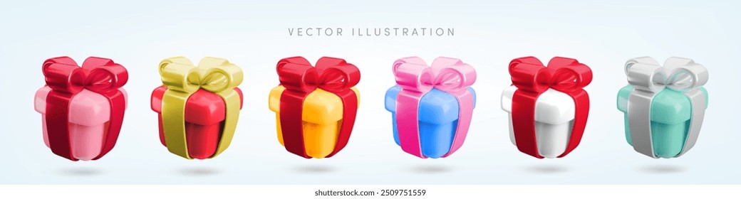 Vector cartoon 3d Christmas gift box set. Cute realistic holiday red, white, mint, yellow, pink, blue present with ribbon and bow. 3d render color surprise illustrations for Xmas, New Year design.