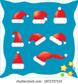 vector cartoon 3d christmas Santa Claus red hat icons set isolated on blue background. Merry christmas santa hat symbol collection . vector Merry Christmas decoration design elements