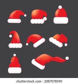 vector cartoon 3d christmas Santa Claus red hat icons set isolated on grey background. Merry christmas santa hat symbol collection . vector Merry Christmas decoration design elements