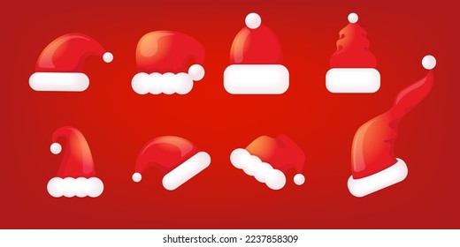 vector cartoon 3d christmas Santa Claus red hat icons set isolated on red background. Merry christmas santa hat symbol collection . vector Merry Christmas decoration design elements