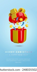 Vector Cartoon 3d Christmas vertical banner, festive red gift box and text on blue background. Cute open present with gold bow, flying cover, stars and confetti. 3d render surprise illustration.