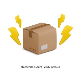 Vector cartoon 3d closed carton box with flash signs. Cute realistic 3d render cardboard package and lightning bolt. Flash sale, fast parcel delivery service concept, quick logistic, mail shipping.