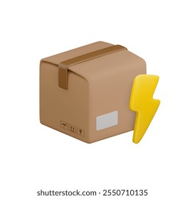 Vector cartoon 3d closed carton box with flash icon. Cute realistic 3d render cardboard package and lightning bolt. Flash sale, fast parcel delivery service concept, quick logistic, mail shipping.