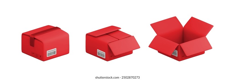 Vector de dibujos animados 3D cerrado y abierto caja de cartón rojo conjunto. Paquete realista lindo aislado en el fondo blanco. 3d render caja de cartón con símbolos de embalaje de carga para infografía, App de entrega, Web.