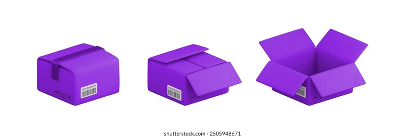 Vector de dibujos animados 3D cerrado y abierto púrpura caja de cartón conjunto. Paquete realista lindo aislado en el fondo blanco. 3d render caja de cartón con símbolos de embalaje de carga para infografía, App de entrega, Web.