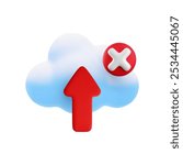 Vector cartoon 3d cloud computing error icon. Realistic render of cloud, upload arrow and red cross x sign. Digital cloud technology online service failed download sign, server disconnection concept.