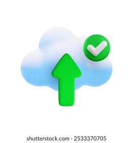 Vector cartoon 3d cloud computing icon. Realistic render of cloud, green upload or download arrow and yes checkmark. Data storage concept, cloud technology online services, server connection symbol.