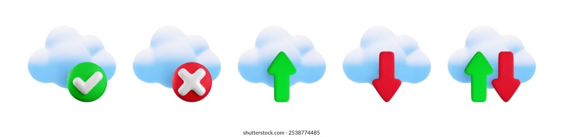 Conjunto de ícones de computação em nuvem 3d de desenhos animados vetoriais. Nuvem realista, setas de download de upload, marca de seleção verde sim e sinal x vermelho cruz. Tecnologia de nuvem digital on-line, transferência de dados, conceito de armazenamento de servidor.