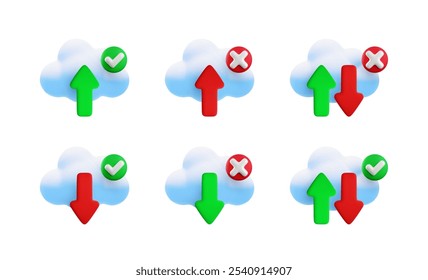 Vector cartoon 3d cloud computing icon set. Realistic render of cloud, upload download arrows, green yes checkmark and red cross sign. Data transfer concept, cloud technology services, server connect.