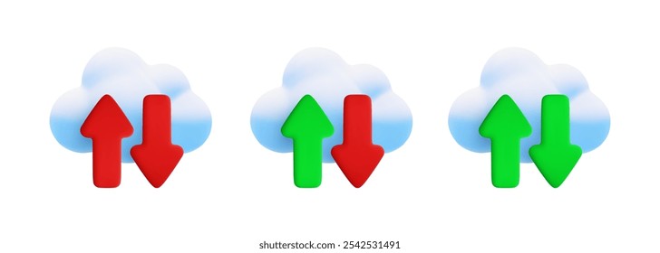 Vector cartoon 3d cloud computing icon set. Realistic render of cloud, green and red upload download arrows. Data storage concept, cloud technology online service, server connection, data transfer.