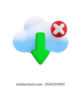 Ícone de erro de computação em nuvem 3d de desenho animado vetorial. Renderização realista de nuvem, seta de download, sinal x de cruz vermelha. Falha no sinal de download do serviço online de tecnologia de nuvem digital, conceito de desconexão do servidor