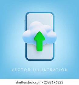 Vector cartoon 3d cloud computing technology for smartphone banner. Mobile phone, cloud and upload arrow icon. Mobile data storage, download cloud technology online service, server synchronization.