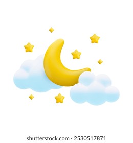 Vector cartoon 3d cloudy night icon. Cute 3d render of glossy half moon with sparkling stars and clouds on white background. Realistic style crescent, starry night illustration for weather app, game.