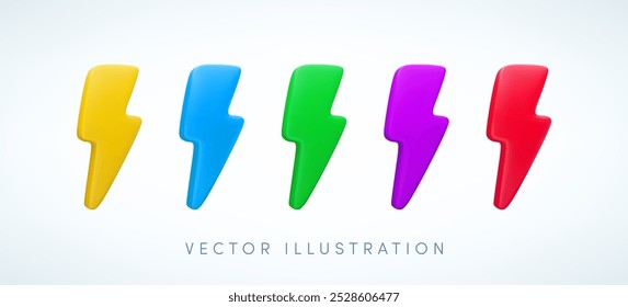 Vector cartoon 3d color lightning flash icon set. Minimal 3d Render of thunder and bolt, colorful thunderstorm sign, energy power symbol, electric charge or danger emblem. For flash sale design, game.