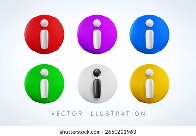 Vector cartoon 3d kleurrijke informatie teken set. Leuke realistische weergave van het teken in blauwe, witte, groene, rode, gele en paarse cirkel. Info knop voor info ondersteuning, web, help, faq, ui, spel, app.