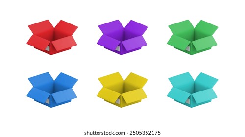 Vector de dibujos animados 3D colorida caja de cartón abierta. Paquete rojo, azul, verde, amarillo y púrpura vacío realista lindo sobre fondo blanco. colección de caja de cartón 3D render para infografía, Plantilla.