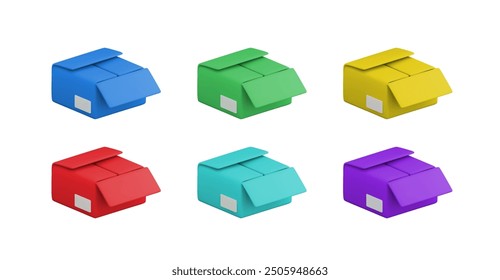 Vector cartoon 3d colorful opened carton box set. Cute realistic red, blue, green, yellow and purple package on white background. 3d render cardboard box collection for infographic, template, app.