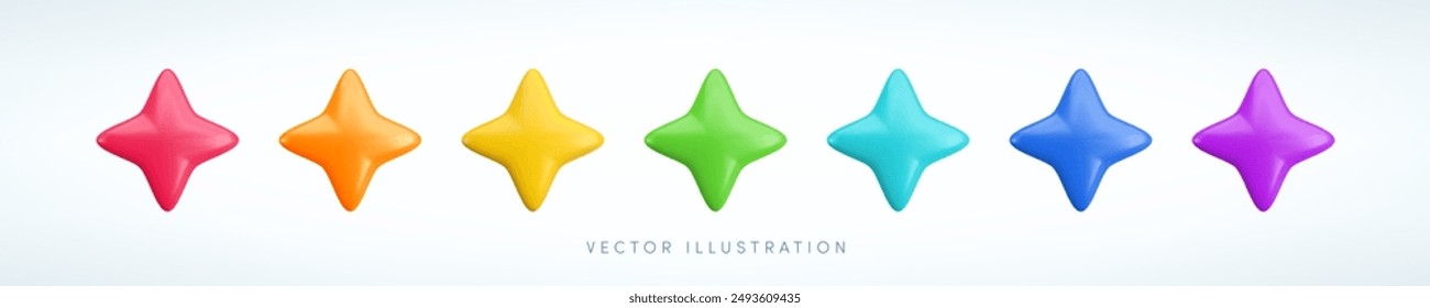 Vector de dibujos animados 3d colorido brillante estrella conjunto. Realismo lindo renderizado 3d, brillante metálico rojo, amarillo, azul, naranja, verde y púrpura brillante cuatro estrellas colección de juego, decoración, App, diseño.