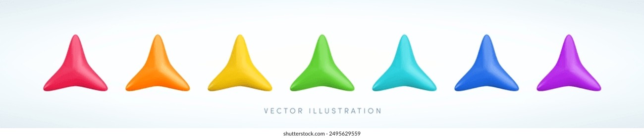 Vektor-Cartoon 3D bunten funkelnden Stern-Set. Nettes realistisches 3D-Rendering von glänzenden roten, gelben, blauen, orangen, grünen und lila drei spitze funkelnden Sternen Kollektion für Spiel, Dekor, App, Design.