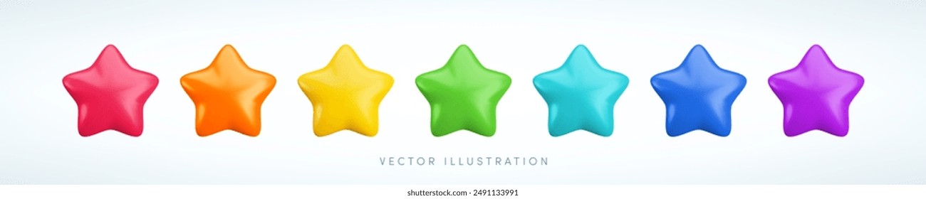 Vector cartoon 3d colorful star icons set. Cute realistic 3d render, glossy metallic red, yellow, blue, orange, green and purple stars collection.