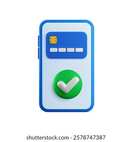 Vector cartoon 3d Confirm Mobile Payment concept. 3d render credit card, green check mark on smartphone screen. Approved online purchase, successful payment banner. Verified money transfer transaction