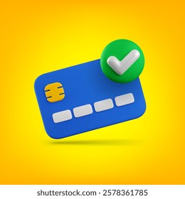 Vector cartoon 3d Confirm Online Payment concept. 3d render credit card with green check mark on yellow background. Approved purchase, successful payment banner. Verified money transfer or transaction