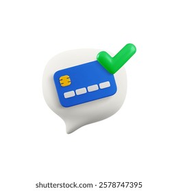 Vector cartoon 3d Confirm Online Payment message icon. Realistic render of white speech bubble with credit card, check mark tick. Online shopping sign, accepted payment concept, approved credit card.