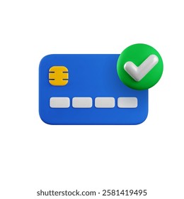 Vector cartoon 3d Confirm Online Payment icon. 3d render credit card with green check mark isolated on white. Approved purchase, successful payment concept. Verified transaction or money transfer.