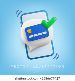 Vector cartoon 3d Confirm Online Payment, two-factor authentication banner. Message speech bubble, credit card, green tick on smartphone screen. Secure e-wallet payment concept, sms code verification.