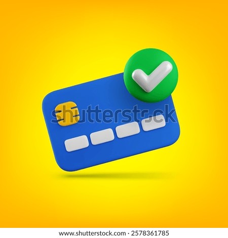 Vector cartoon 3d Confirm Online Payment concept. 3d render credit card with green check mark on yellow background. Approved purchase, successful payment banner. Verified money transfer or transaction