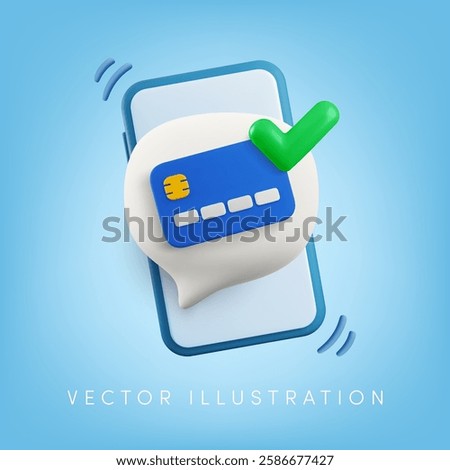 Vector cartoon 3d Confirm Online Payment, two-factor authentication banner. Message speech bubble, credit card, green tick on smartphone screen. Secure e-wallet payment concept, sms code verification.