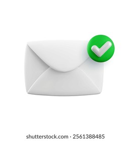 Vector cartoon 3d confirmed message icon. 3d render closed envelope with green check mark. Official verification email sign, approved document notification, checked mail, successful mail delivery.