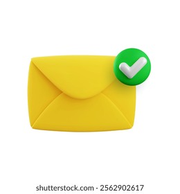 Vector cartoon 3d confirmed message icon. 3d render closed yellow envelope with green check mark. Official verification email, approved document notification, checked mail, successful mail delivery.