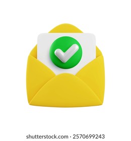 Vector cartoon 3d confirmed message icon. 3d render open yellow envelope, paper sheet with green check mark. Official verification email sign, approved document notification, checked mail.