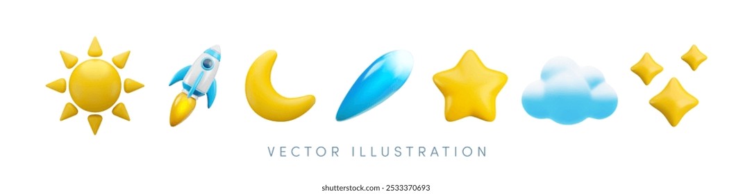 Vector cartoon 3d cosmic icon set. Realistic render of sun, rocket, comet, crescent, stars and sky cloud on white background. Cute plastic space element collection for game, sticker kit, nursery decor