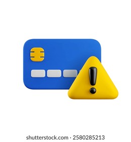 Vector cartoon 3d credit card will expire soon icon. Realistic 3d render of debit card and exclamation mark in yellow triangle. Online payment error, transaction problem concept, fraud warning symbol.