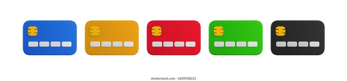 Vector cartoon 3d credit card set. Realistic 3d render of black, red, blue, green, yellow debit card icon collection for shopping, online payment, e-banking concept, web, app.
