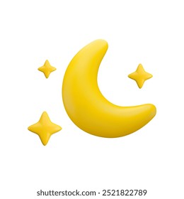 Vector cartoon 3d crescent icon. Cute 3d render of glossy yellow half moon with sparkling stars isolated on white background. Realistic style starry night illustration for design, game, weather app.