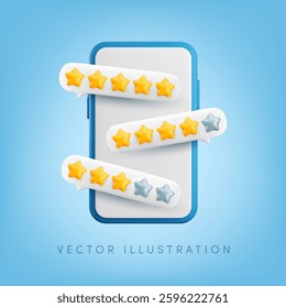 Vector cartoon 3d customer review banner. Cute minimal realistic 3d render of smartphone and speech bubble with stars on screen. Service rating, feedback illustration on blue background.