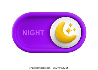 Vector cartoon 3d dark theme on switch button. Cute realistic 3d violet Night mode toggle switch slider with shiny moon and stars icon. Design element for mobile app interface, web, game.