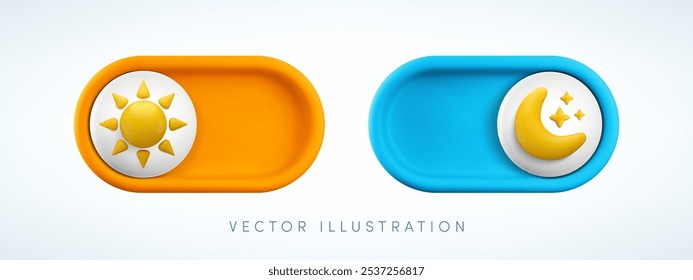 Vector cartoon 3d day and night mode switch button. Realistic 3d orange light theme toggle and blue dark mode slider with sun and moon. Funny design element set for mobile app interface, web, game.