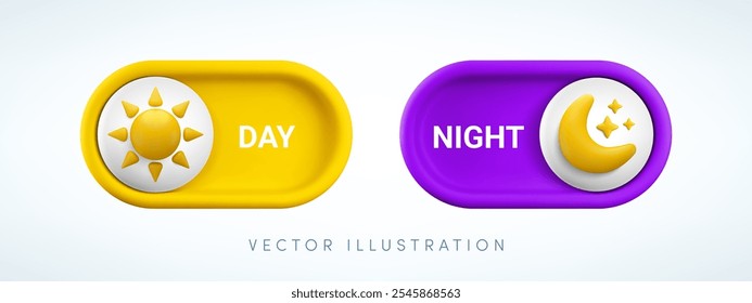 Botón de interruptor de modo de día y noche de dibujos animados de Vector 3D. Realista 3d tema de luz amarilla de conmutación y modo oscuro violeta deslizador con sol y luna. Divertido elemento de diseño establecido para la interfaz del App móvil, Web, juego.